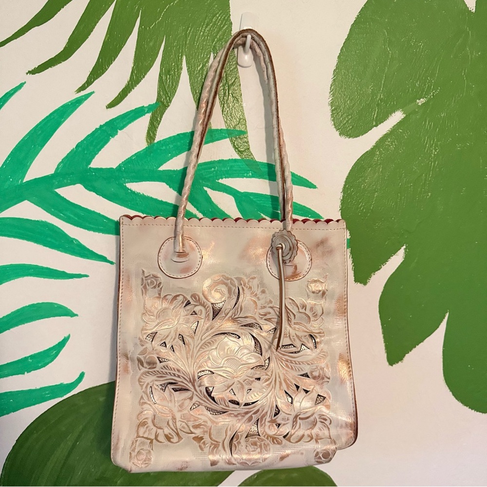 Patricia Nash Metallic Cream Floral Cutout Shoulder Tote